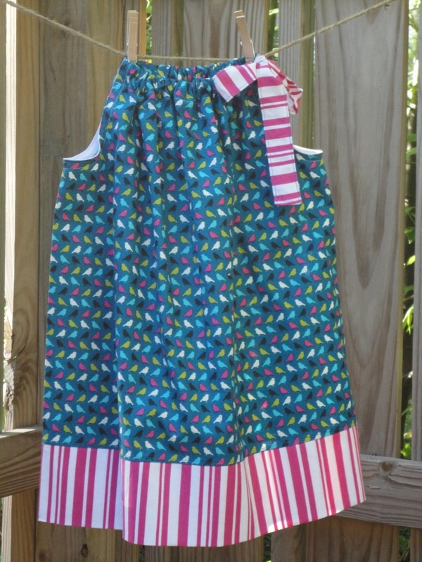 Girls Pillowcase Dress, Size 3, 'birdie' Teal Blue Birds Pink Stripes