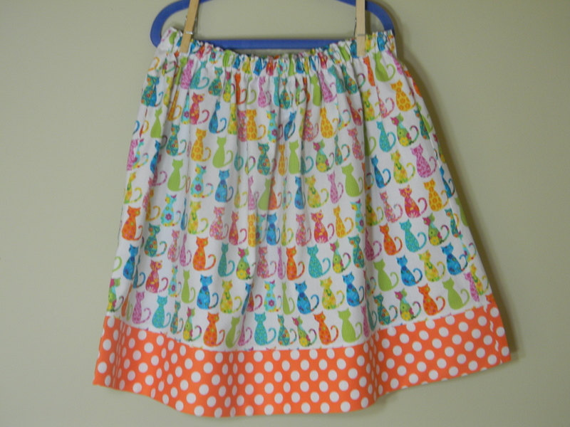 Girls Skirt Size 5 Twirl Skirt Calico Cats Polka Dots Michael Miller Cotton, Orange Pink Green Yellow Blue
